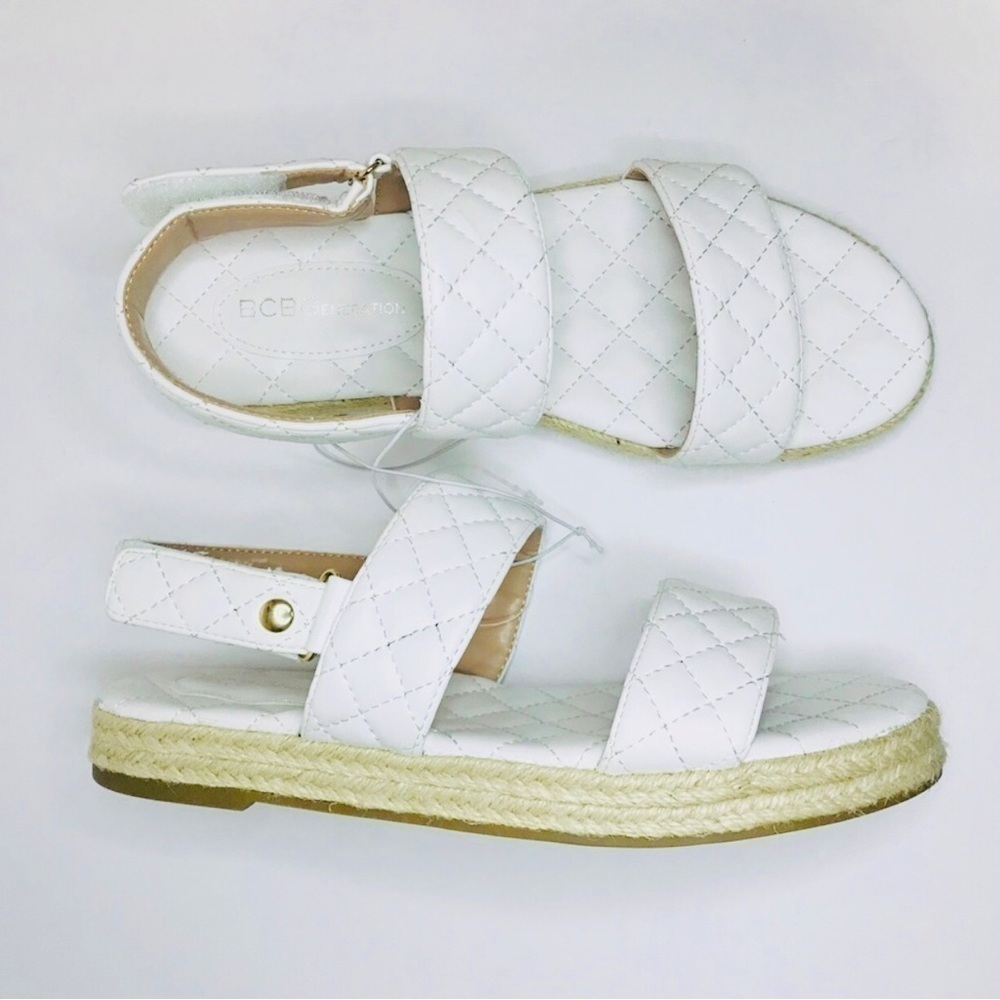 New! Quilted Faux Leather Chunky Platform Straw Espadrilles White Sandals